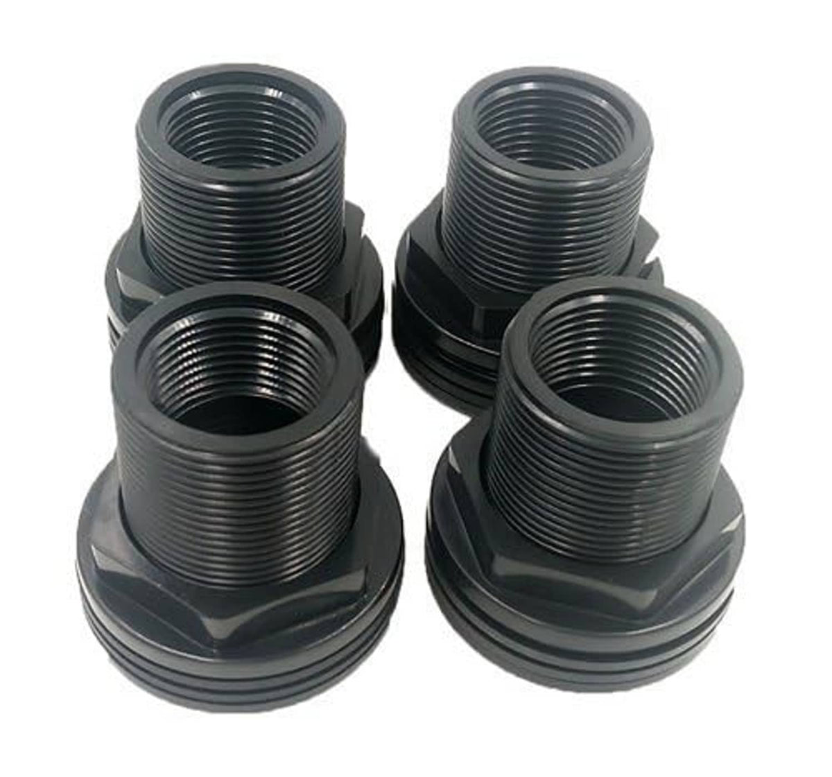 Set of four black threaded bulkhead fittings with flanged bases