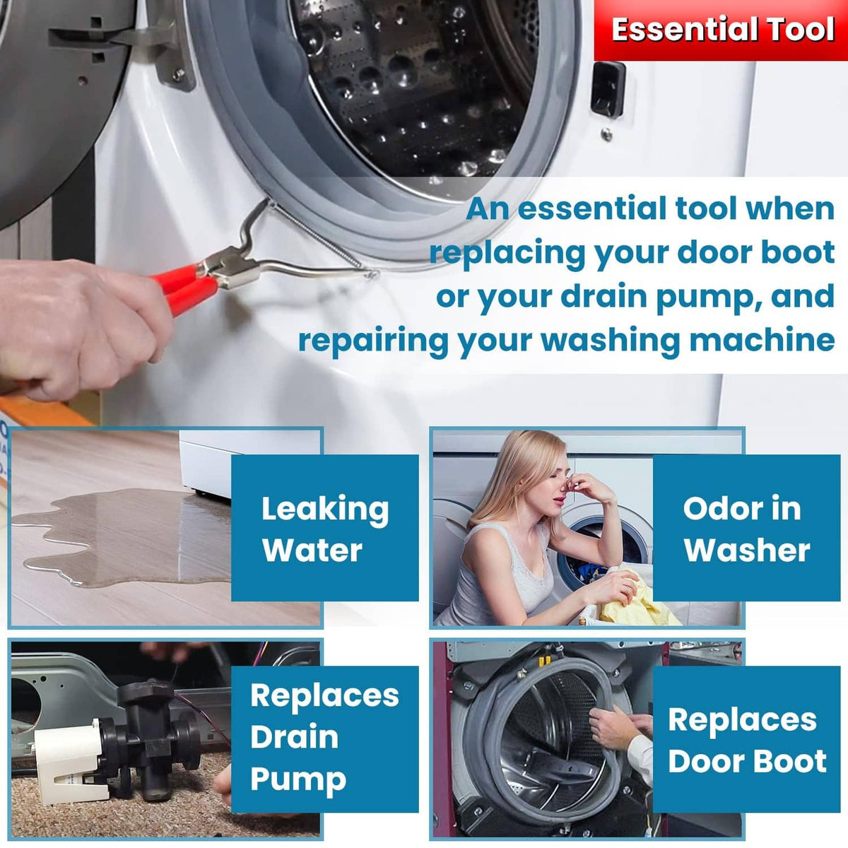 Washing machine spring expansion tool with red handles for door boot spring replacement