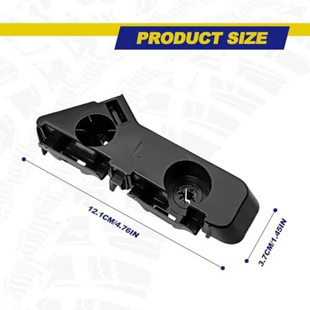 Black front bumper bracket, left side, with circular opening and mounting points.