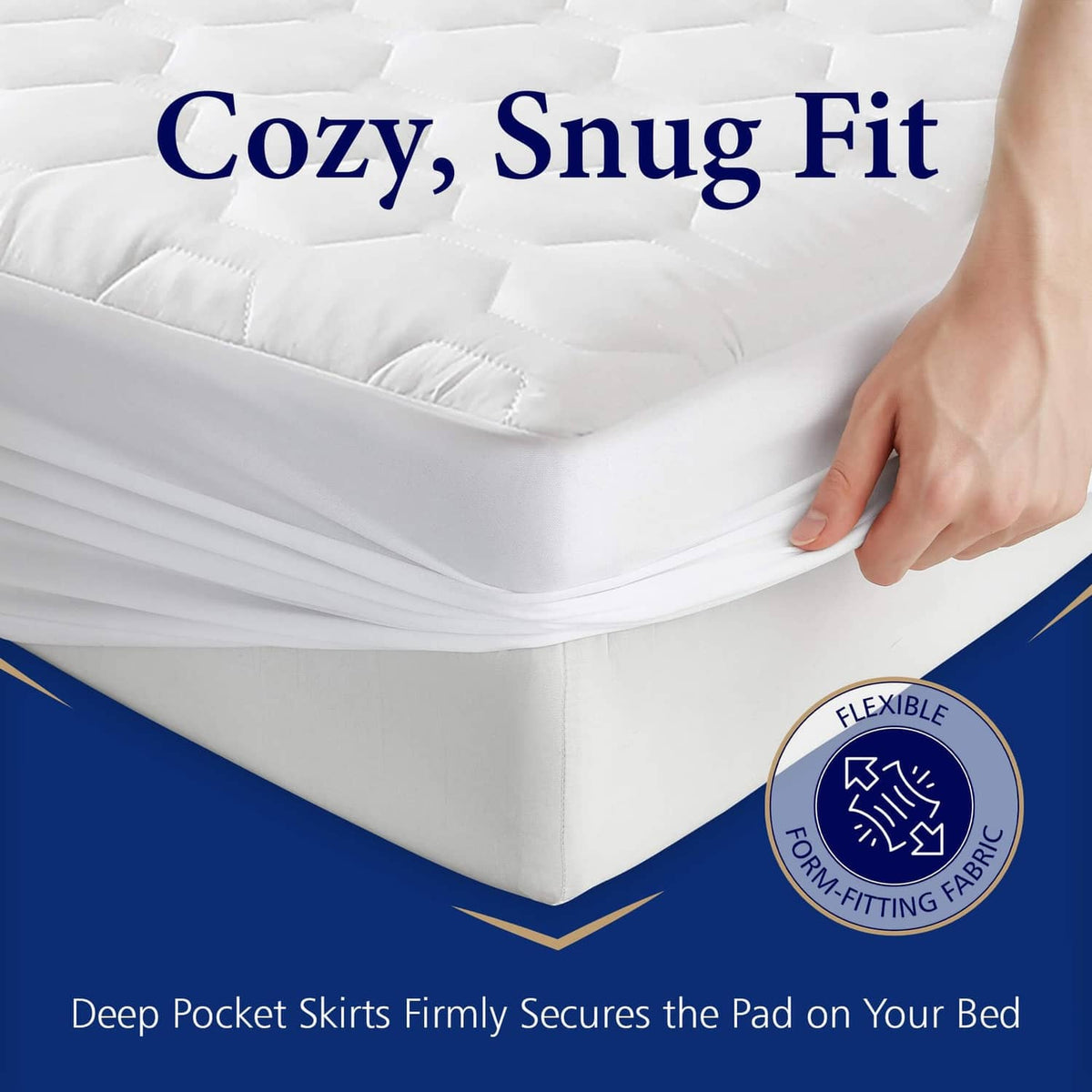White mattress pad protector with deep-pocket skirt, hand tucking the corner