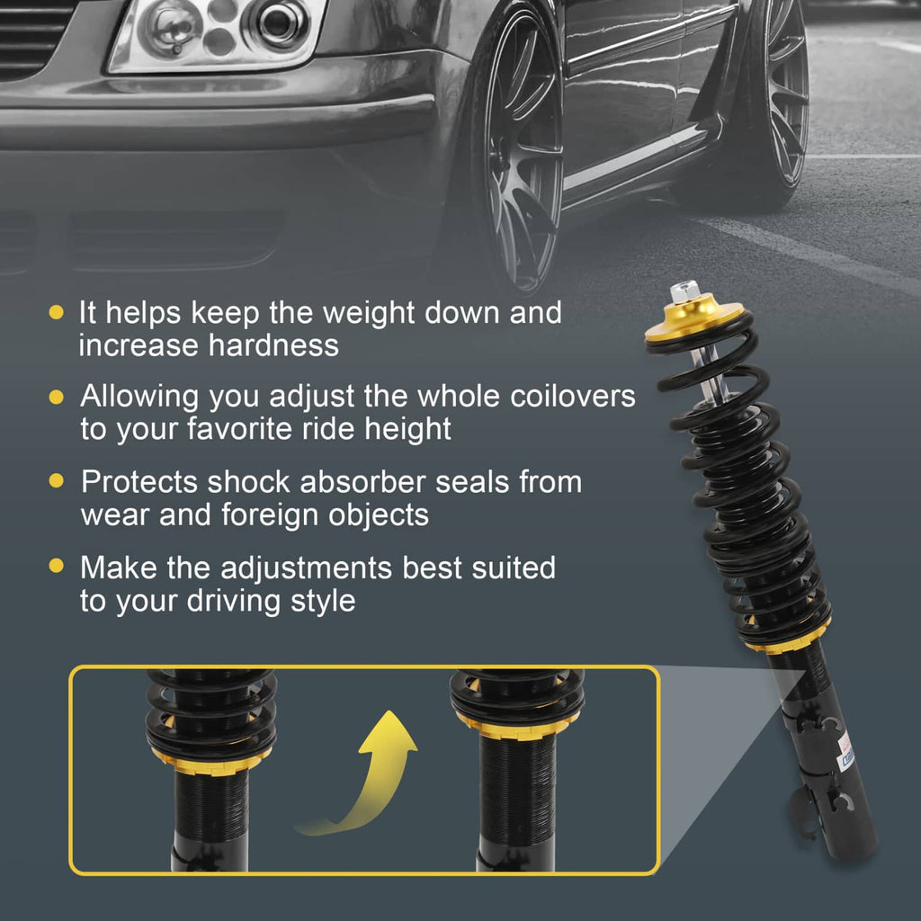Coilover shock strut with black spring and gold top mount shown at a side angle