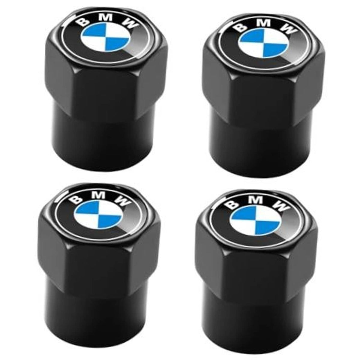 Black tire valve stem caps, set of four, with BMW logo on round tops