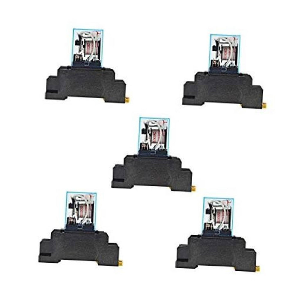 Five 8-pin DPDT relay modules with black housings and exposed contact terminals