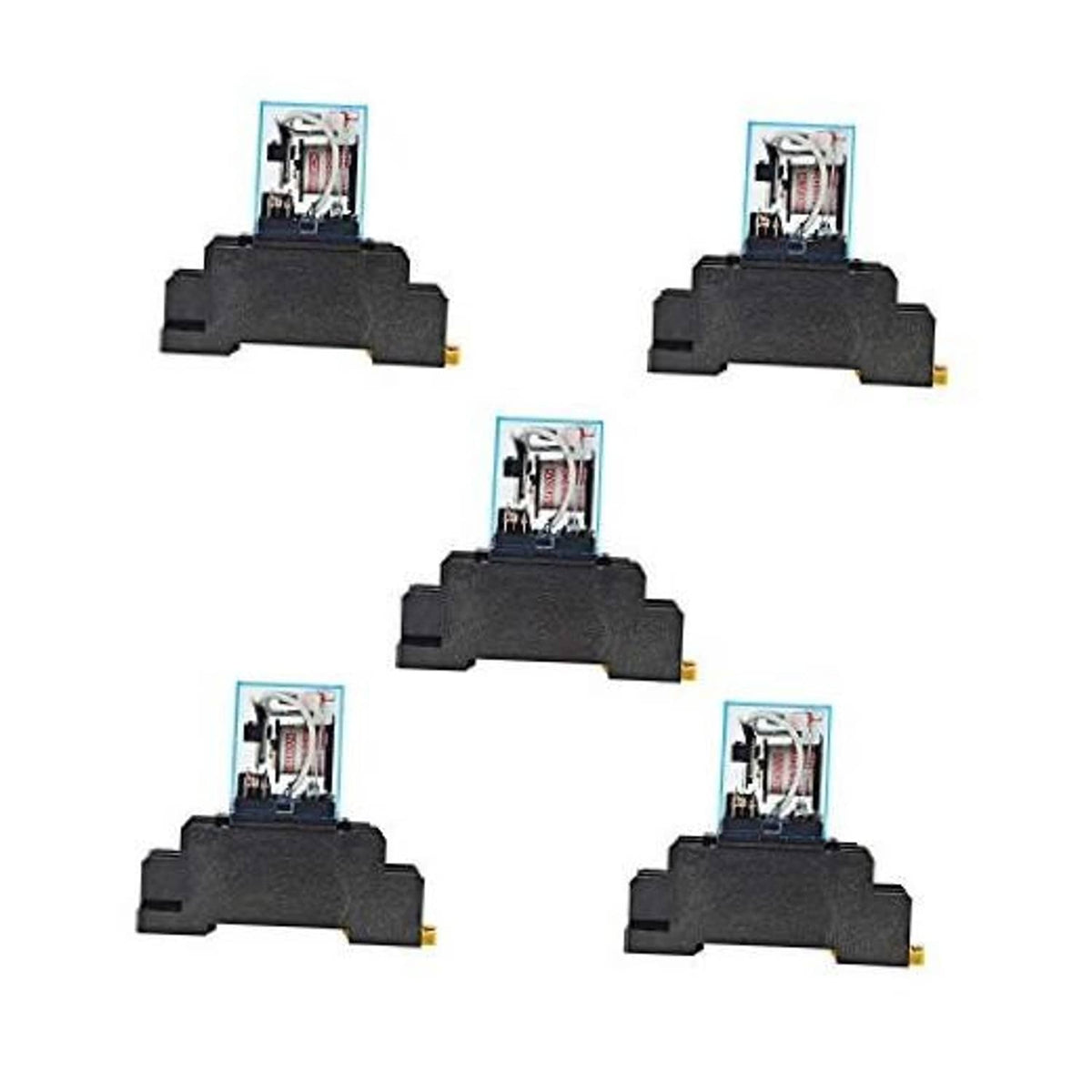 Five 8-pin DPDT relay modules with black housings and exposed contact terminals
