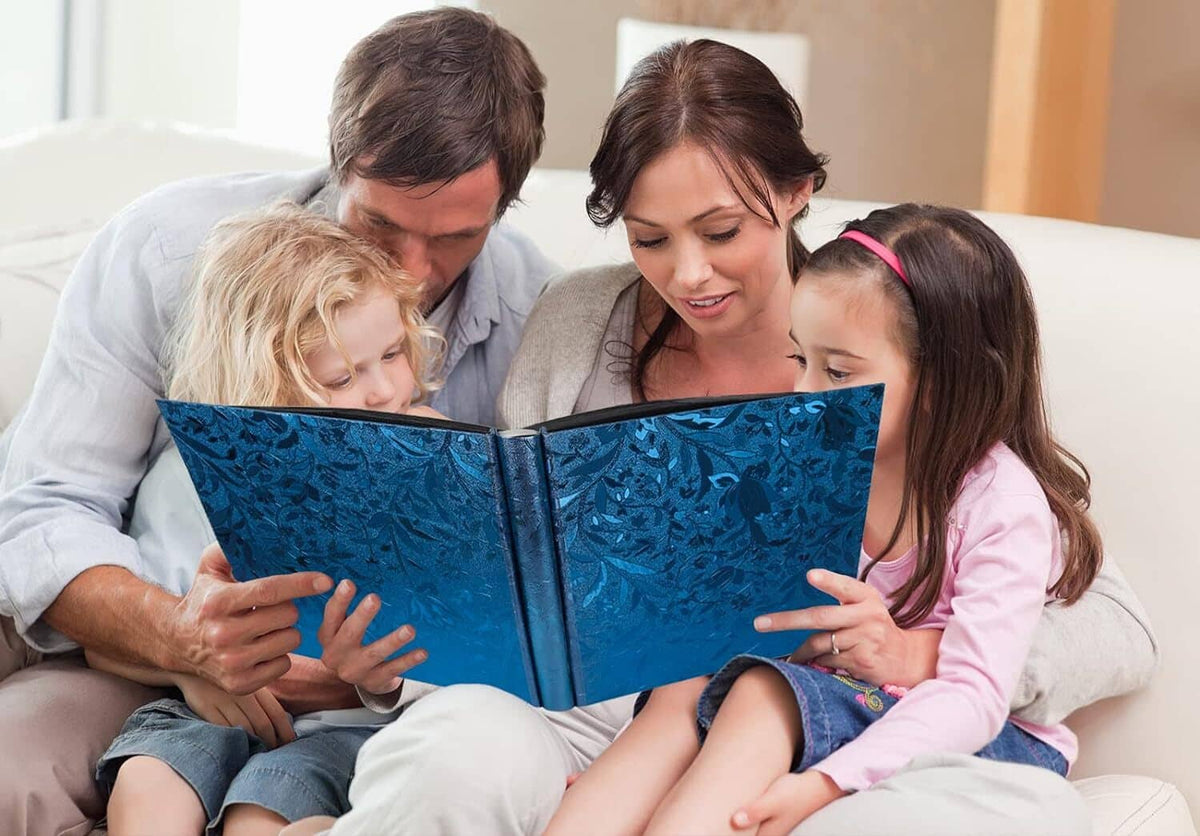 Blue photo album open while a family looks at pictures together.