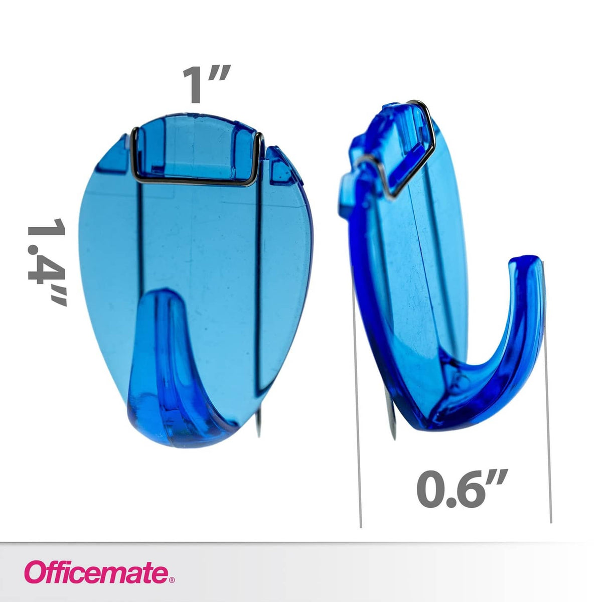 Two translucent blue office hooks with curved hanger and clip back.
