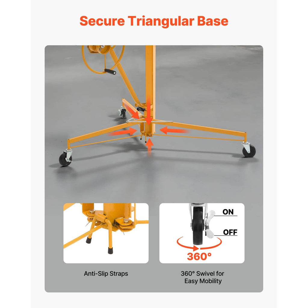 Uimoso drywall lifter with triangular base, anti-slip straps, and caster wheels