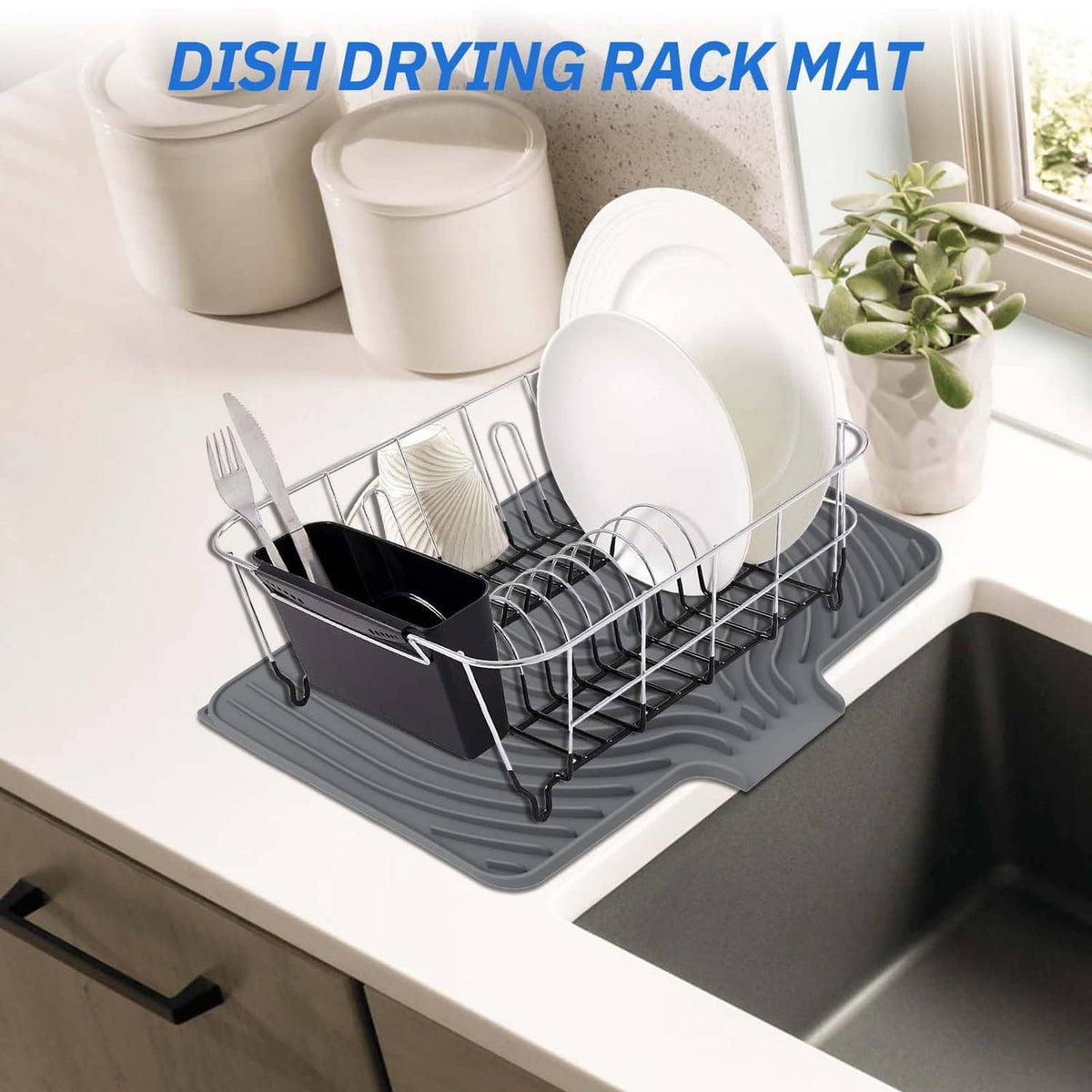 Gray dish drying rack mat on kitchen counter with sinkware drying on ribbed surface