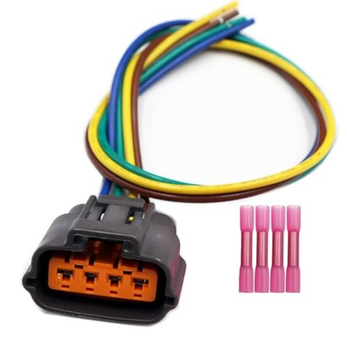 4-pin TPS sensor pigtail with gray connector, multicolor wires, and pink terminal covers