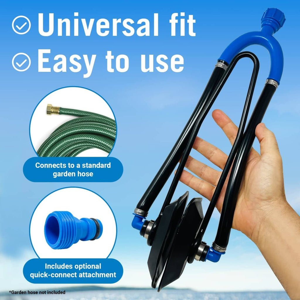 Better Boat dual-flow outboard motor flush muffs, blue hose and black Y-fitting