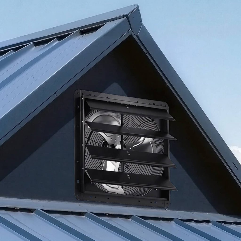 Wall-mounted shutter exhaust fan installed with louvered grille facing outward