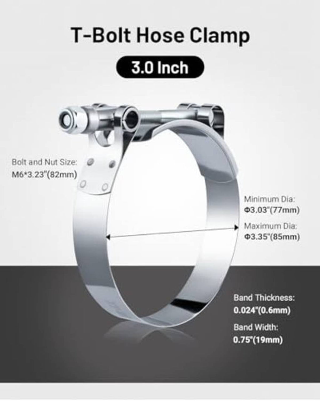 3-inch T-bolt hose clamp, stainless steel band with T-bolt screw and nut