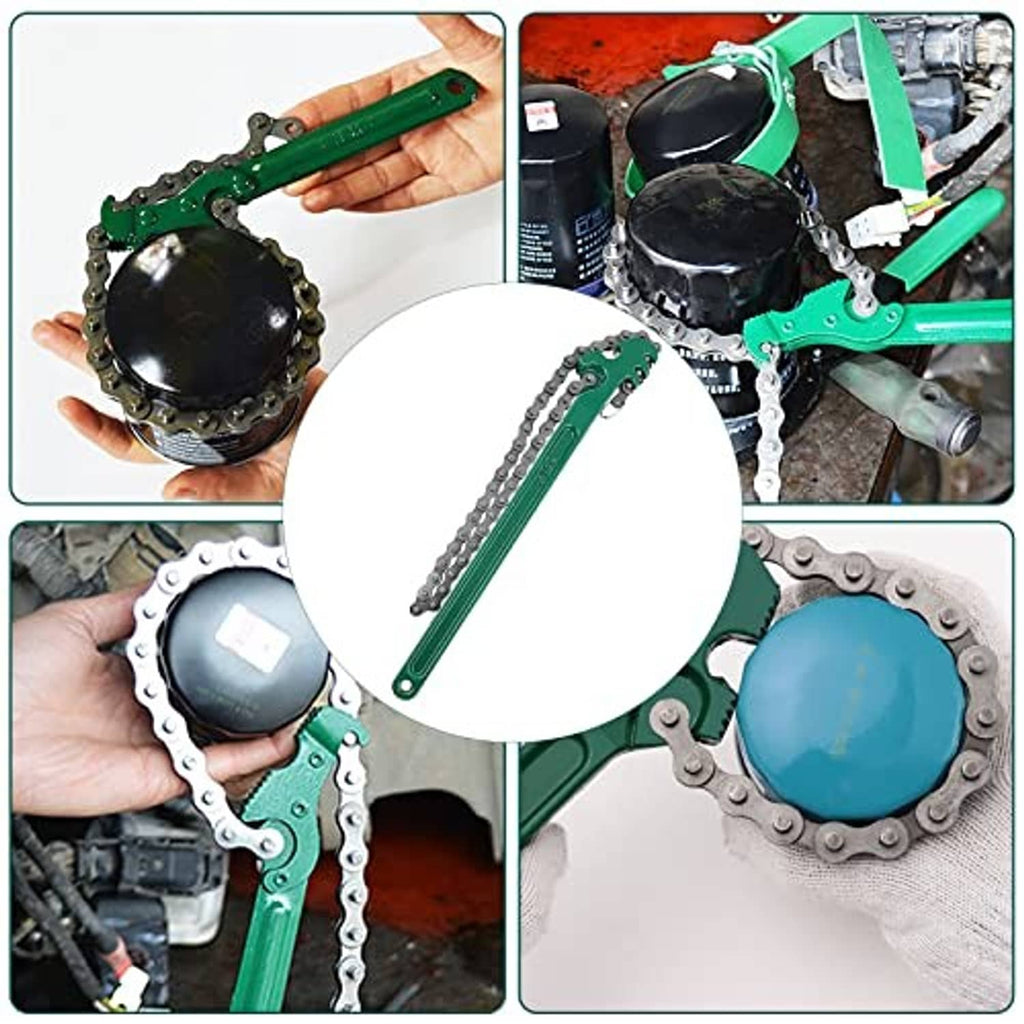 Chain wrench in use: green tool with roller chain gripping a round filter housing