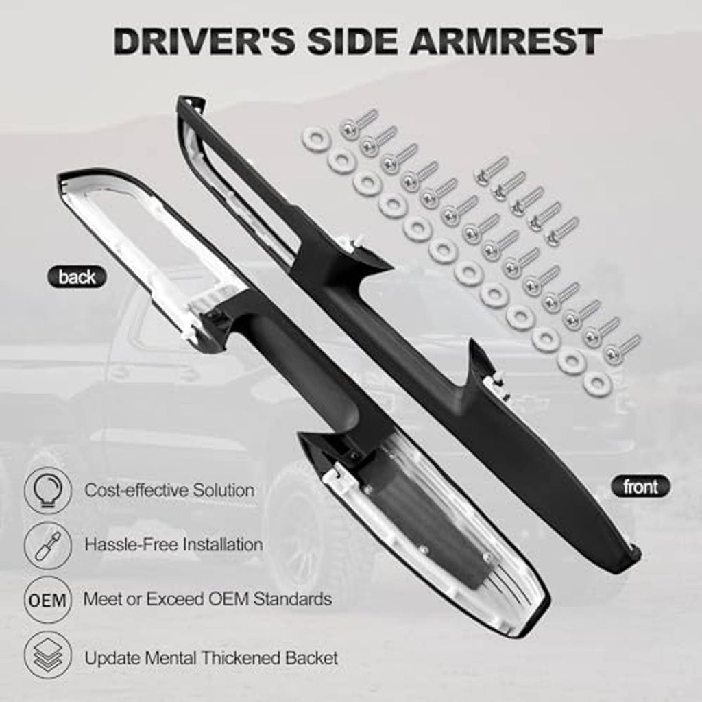 Black front door armrest with bracket, includes screw hardware, driver-side