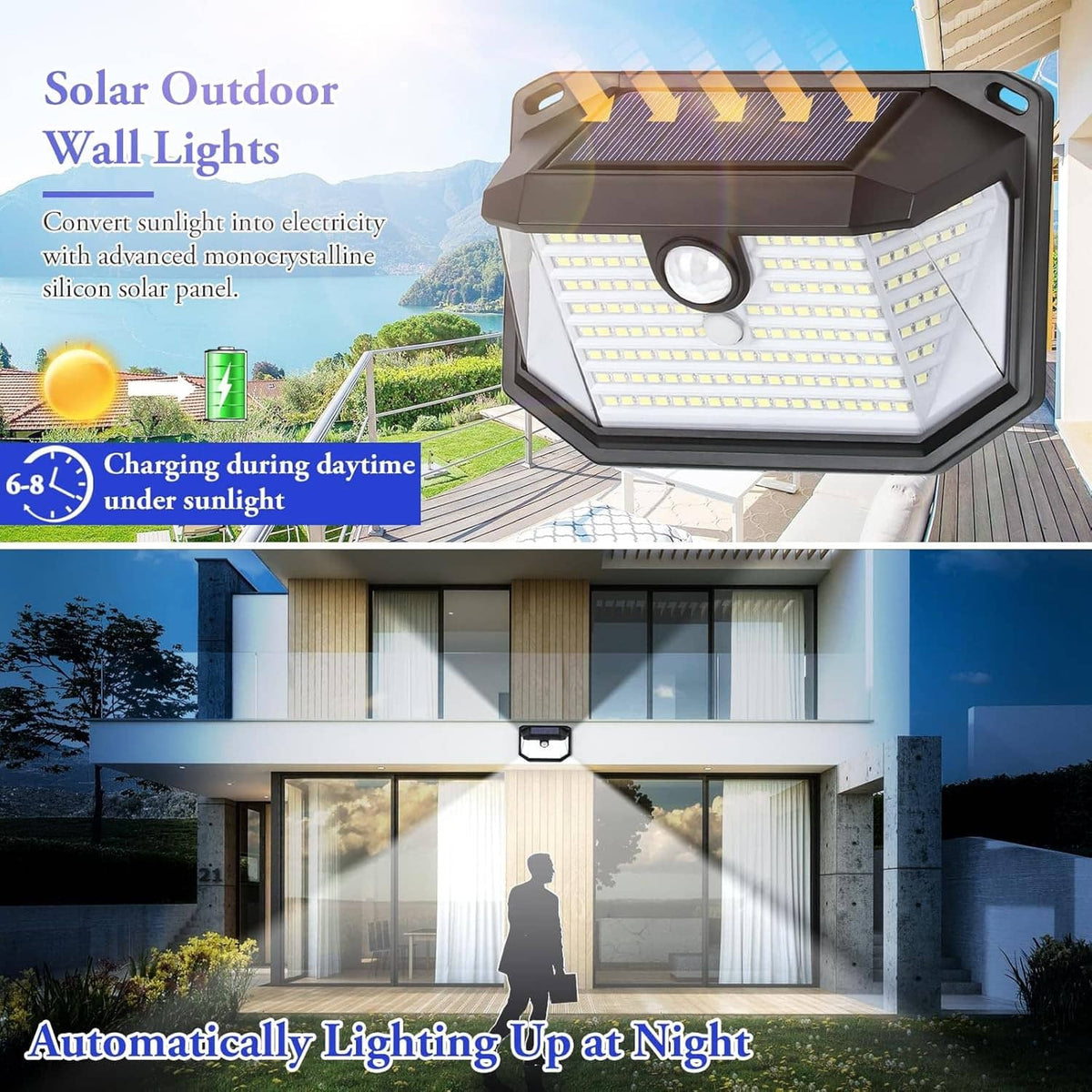 Solar outdoor wall light with black housing and motion sensor, mounted under eaves