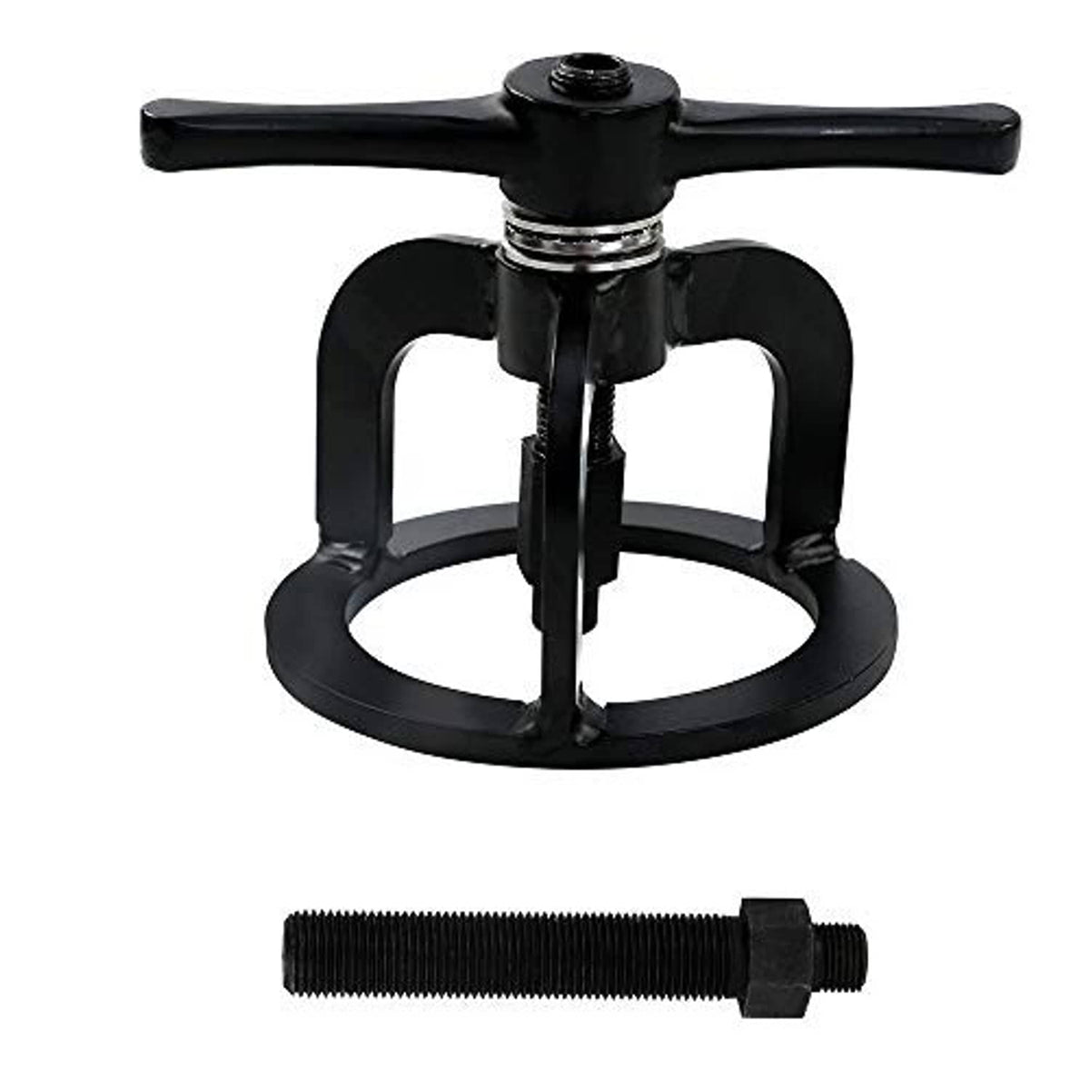 Black spring compressor tool with handle bar and central rod; includes long threaded bolt