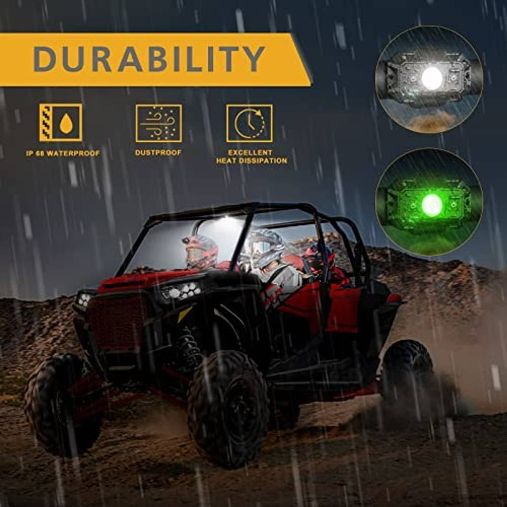 UTV dome light durability view with white and green LED beam circles, dark waterproof housing