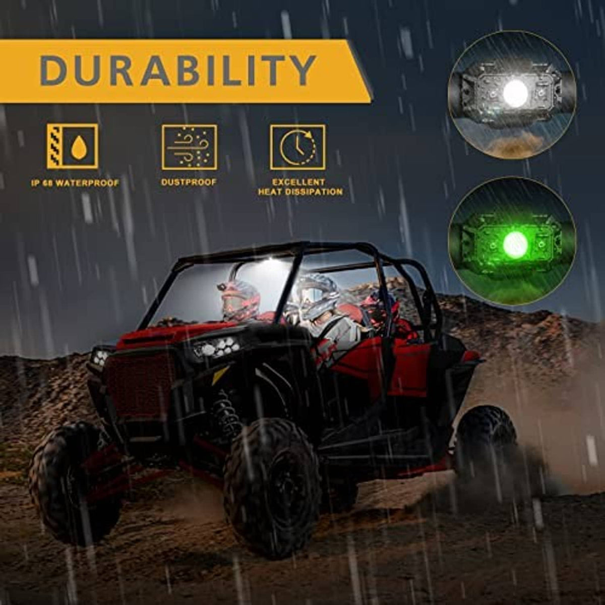 UTV dome light durability view with white and green LED beam circles, dark waterproof housing