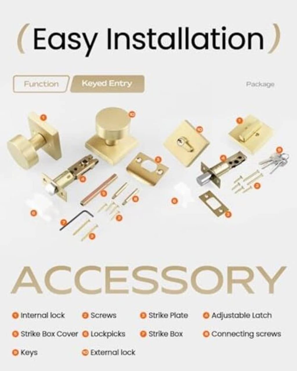Satin brass entry lock set accessory parts kit for easy installation.