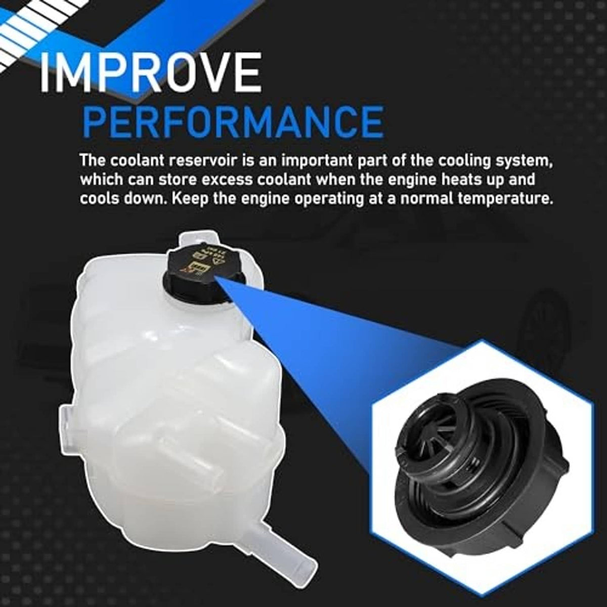 White coolant overflow reservoir tank with black cap and outlet fitting