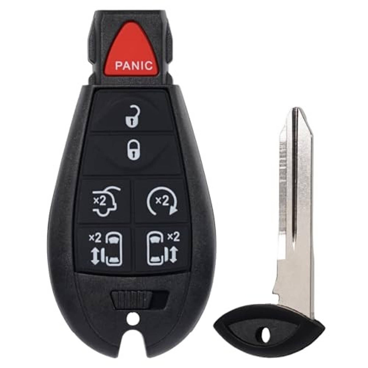 Black 7-button smart key fob with red PANIC button and silver key blade