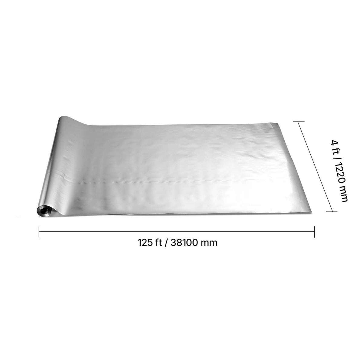 Rectangular radiant barrier insulation sheet, silver reflective foil on light woven backing