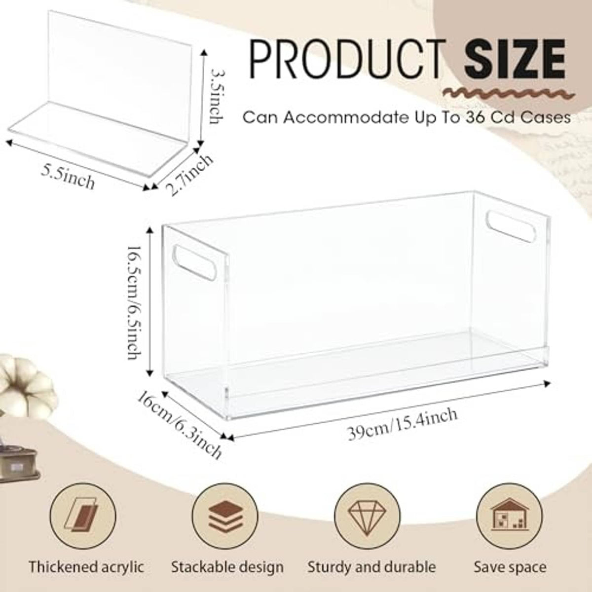 Clear acrylic CD storage box with cut-out handles, shown as empty stackable rack