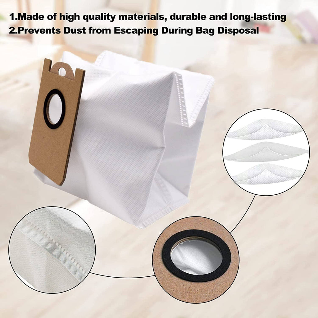 White filter pouch with brown tag and circular seal opening, dust bag detail