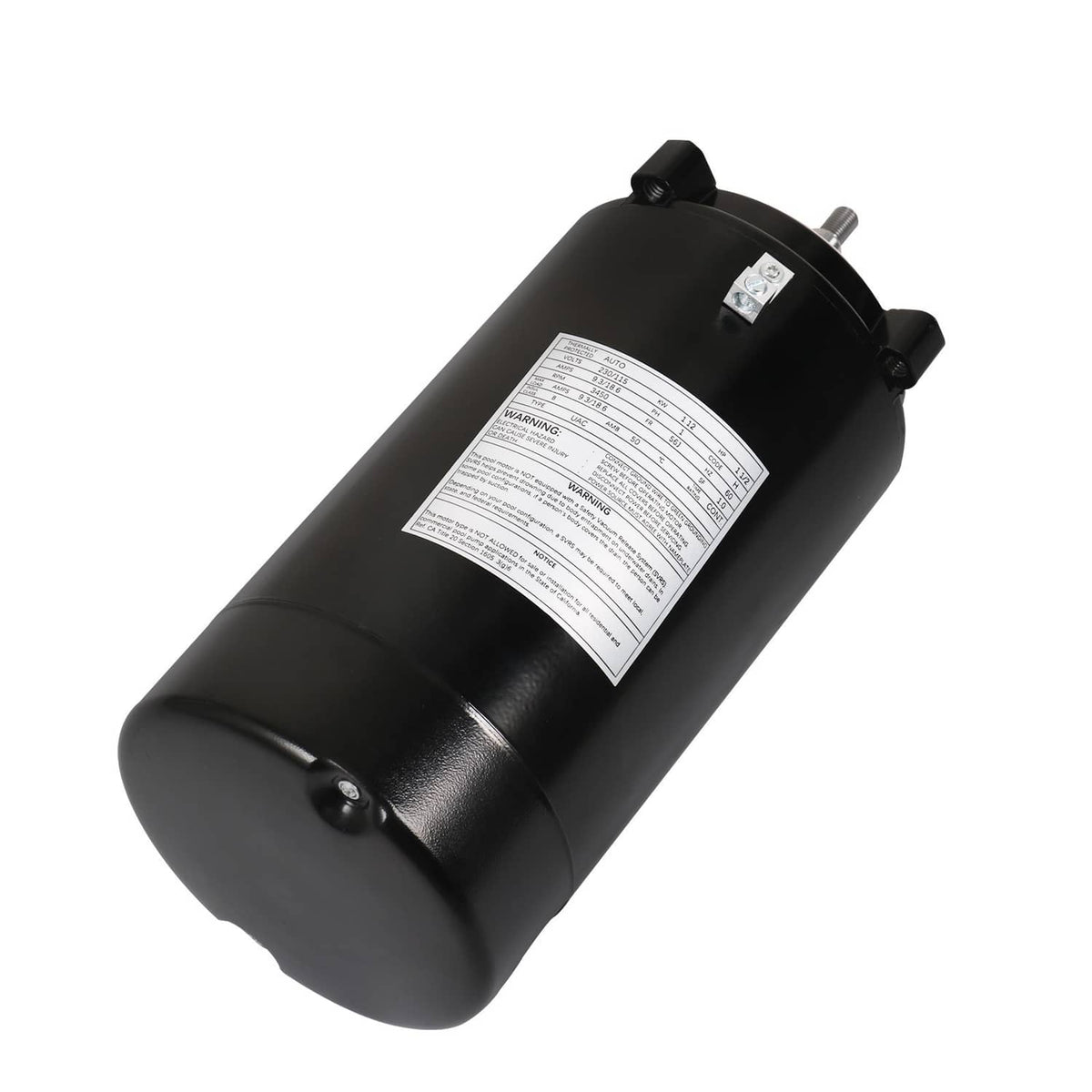 Black pool pump motor cylinder with mounting hardware and side vents