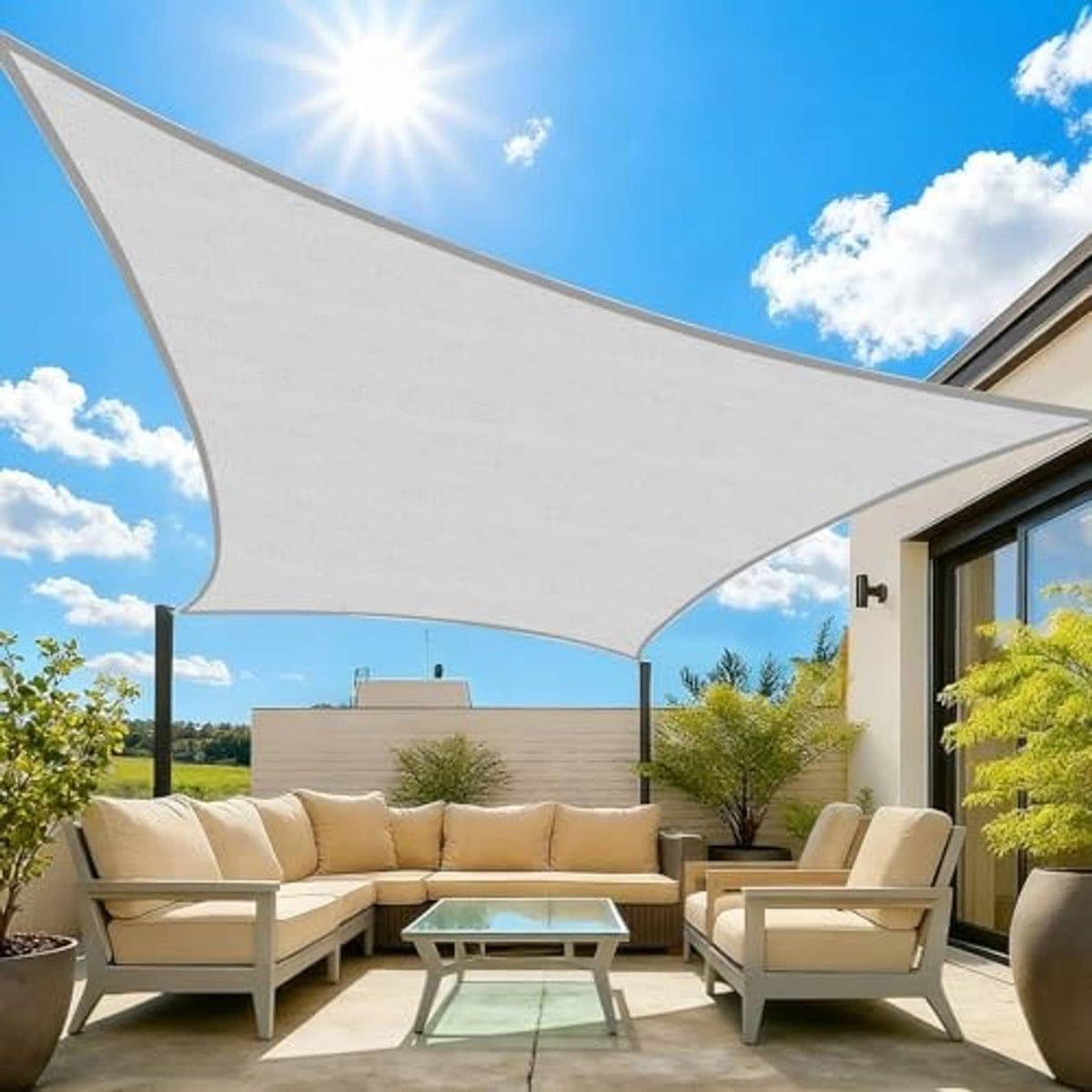 Light grey rectangular sun shade sail with curved edge and corner grommets