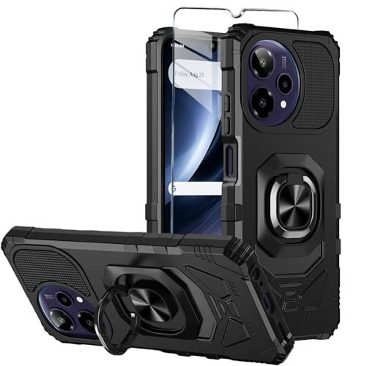 Rugged black phone case with front screen protector, textured back, and ring kickstand