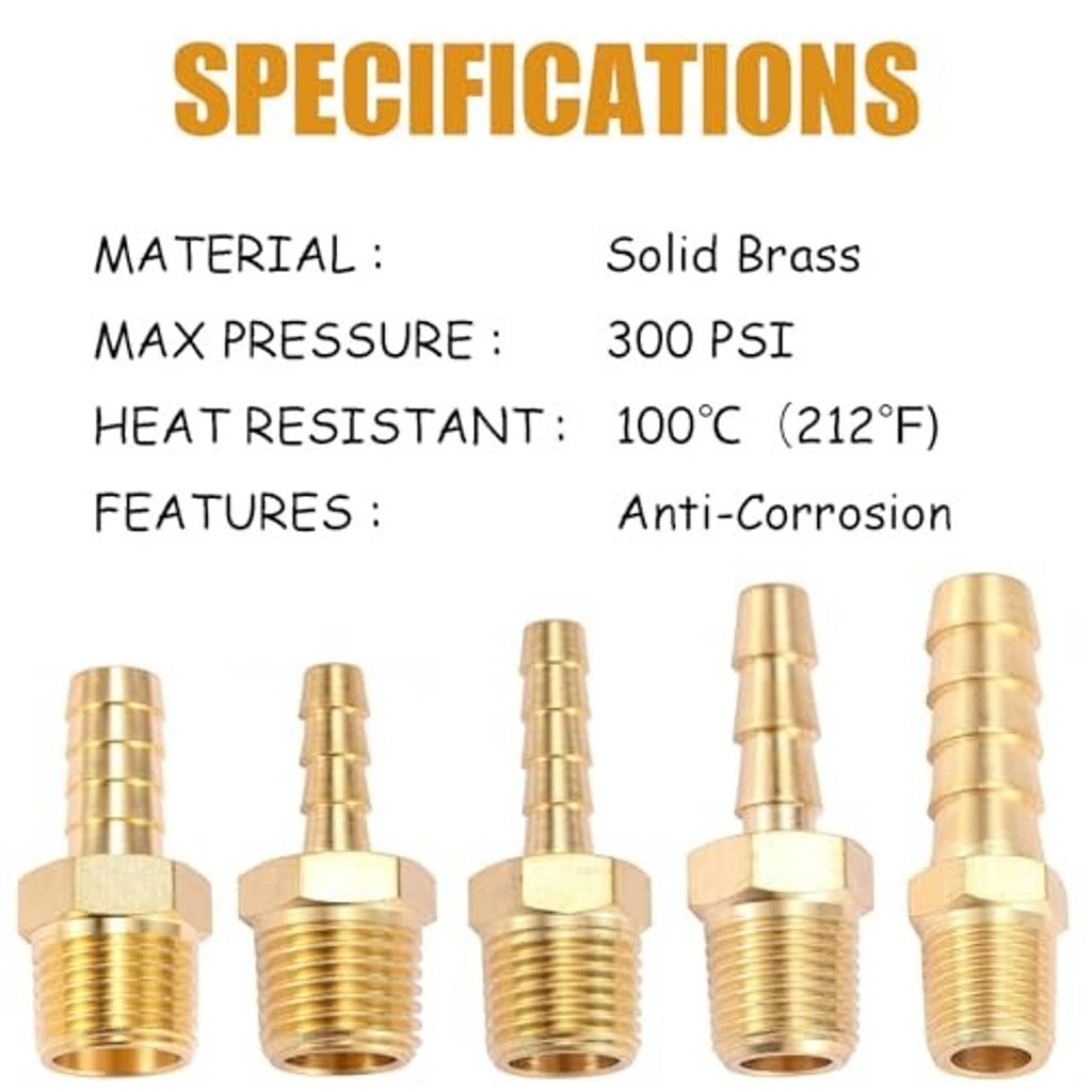 Brass barb fitting specifications graphic, solid brass material and 300 PSI rating