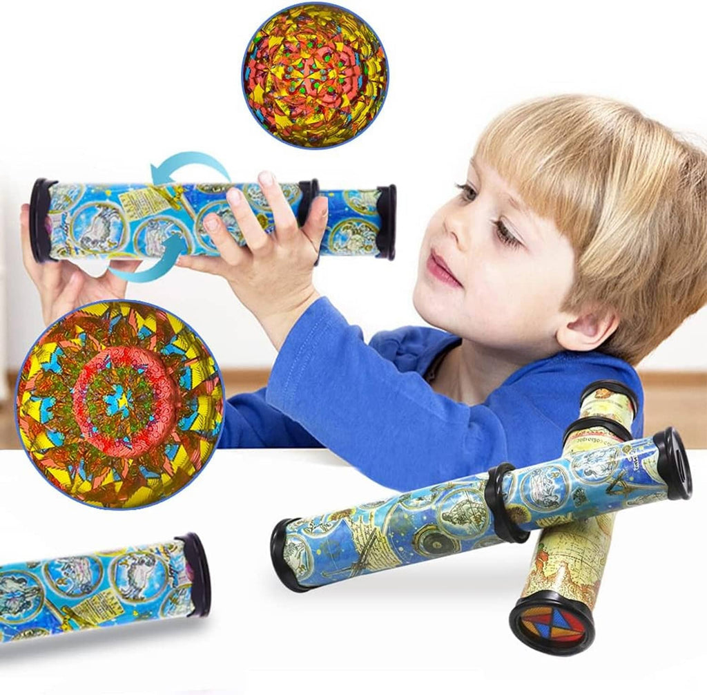 Kaleidoscope set with a person holding tubes; multicolor circular kaleidoscope view disc