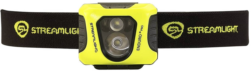 Yellow headlamp with black elastic strap and dual-lens LED light, side view
