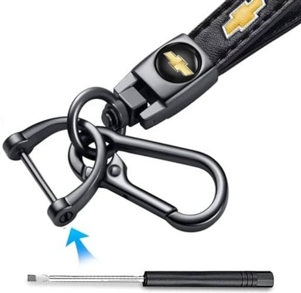 Black leather key chain with Chevrolet logo, metal carabiner and key ring detail