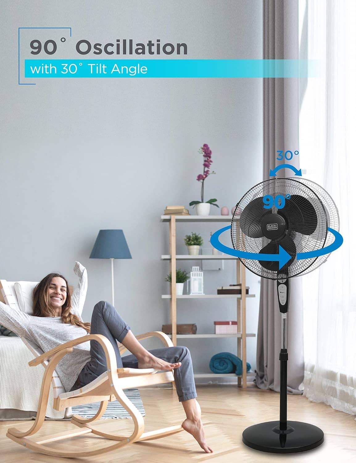 Black stand fan with 90° oscillation airflow arc and tilt angle indicator