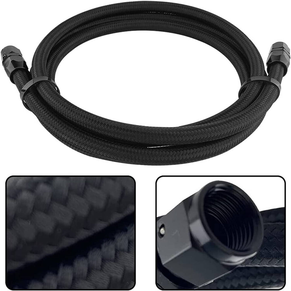 Coiled black braided transmission cooler hose with AN-style end fittings
