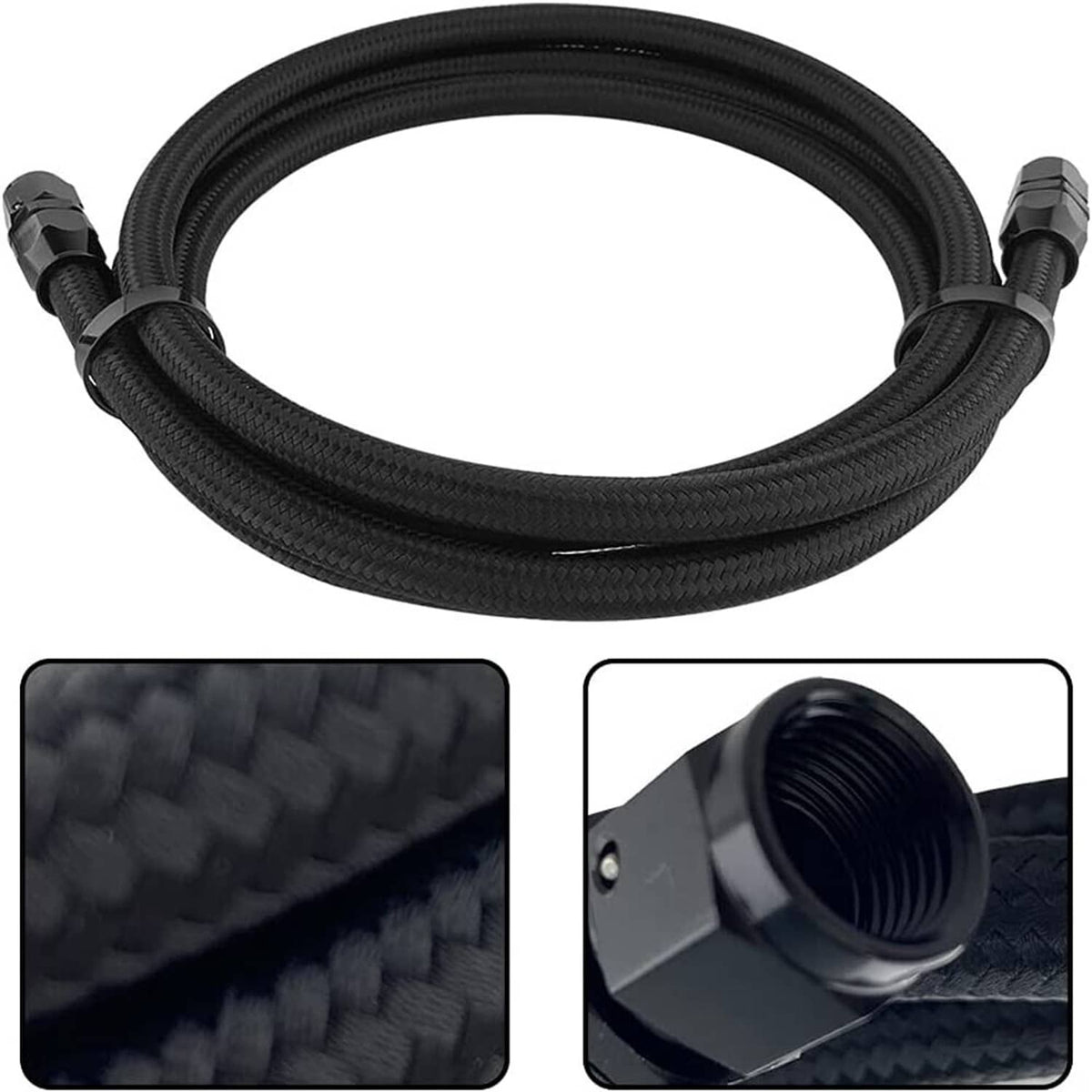 Coiled black braided transmission cooler hose with AN-style end fittings