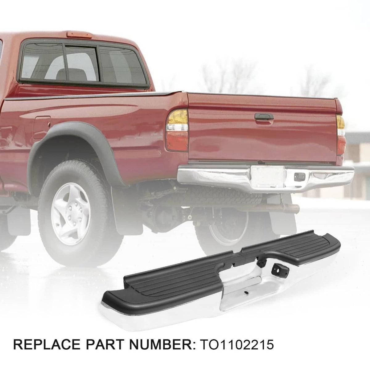 Rear step bumper assembly on red pickup with black step pads and chrome skid plate