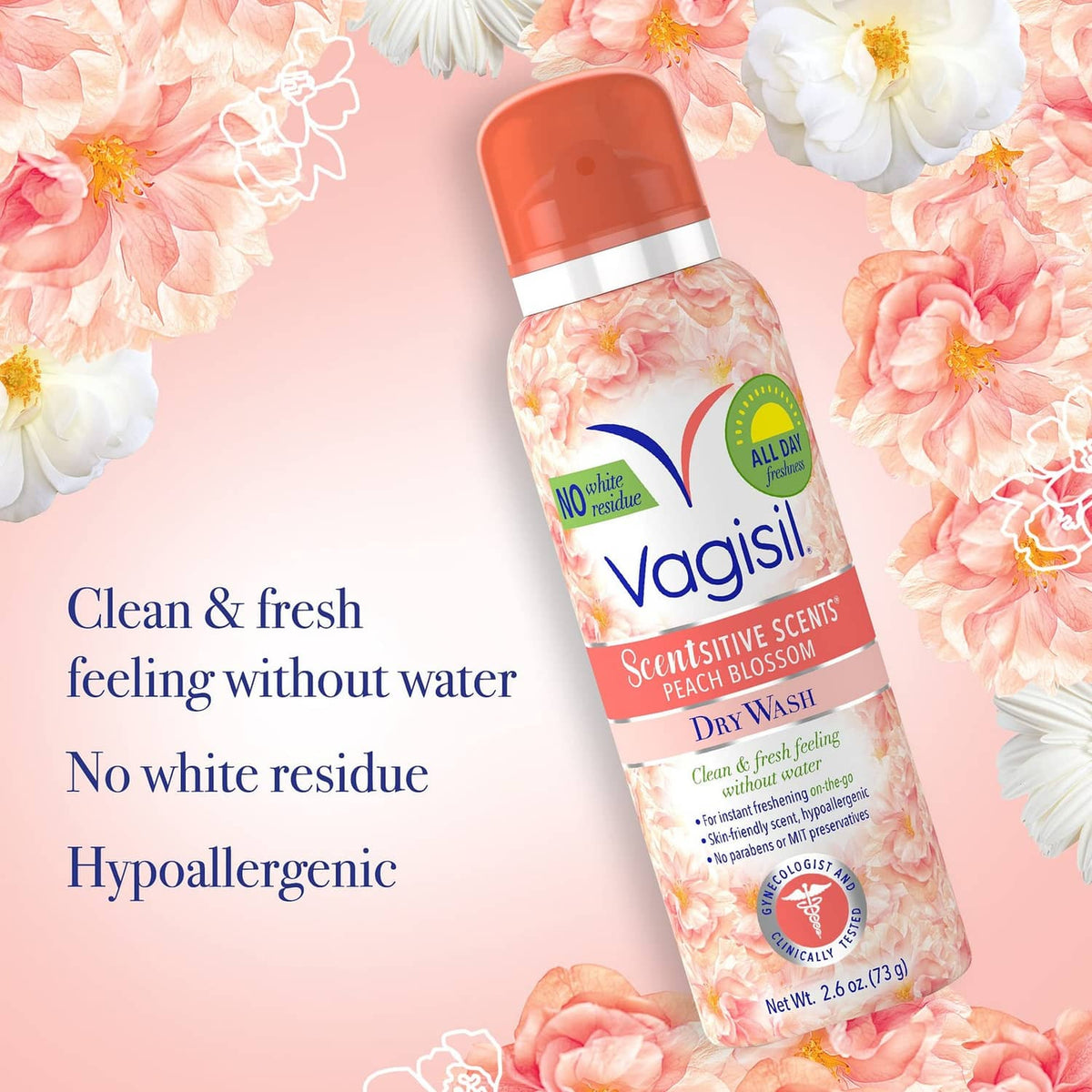 Vagisil dry wash deodorant spray bottle, peach blossom scent, angled with orange cap