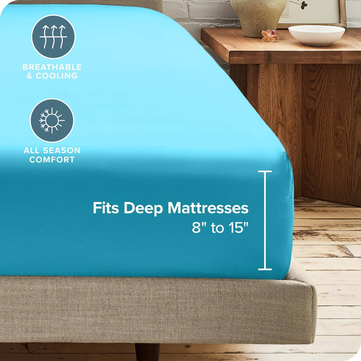 Aqua twin XL fitted sheet stretched over deep mattress, all-season comfort