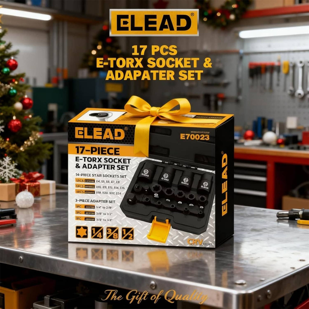 17-piece E-torx socket and adapter set retail box with black sockets shown