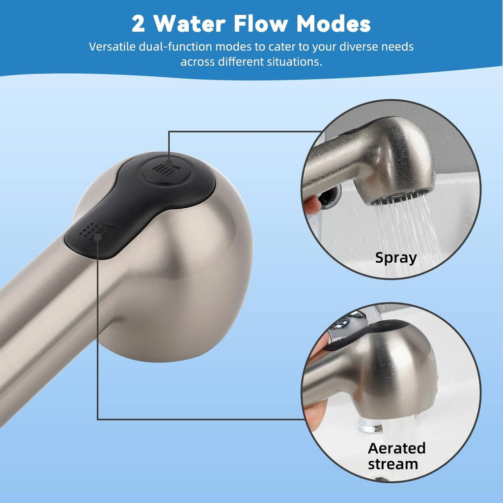 Pull-out sink sprayer head replacement with round nozzle and top button control, brushed nickel