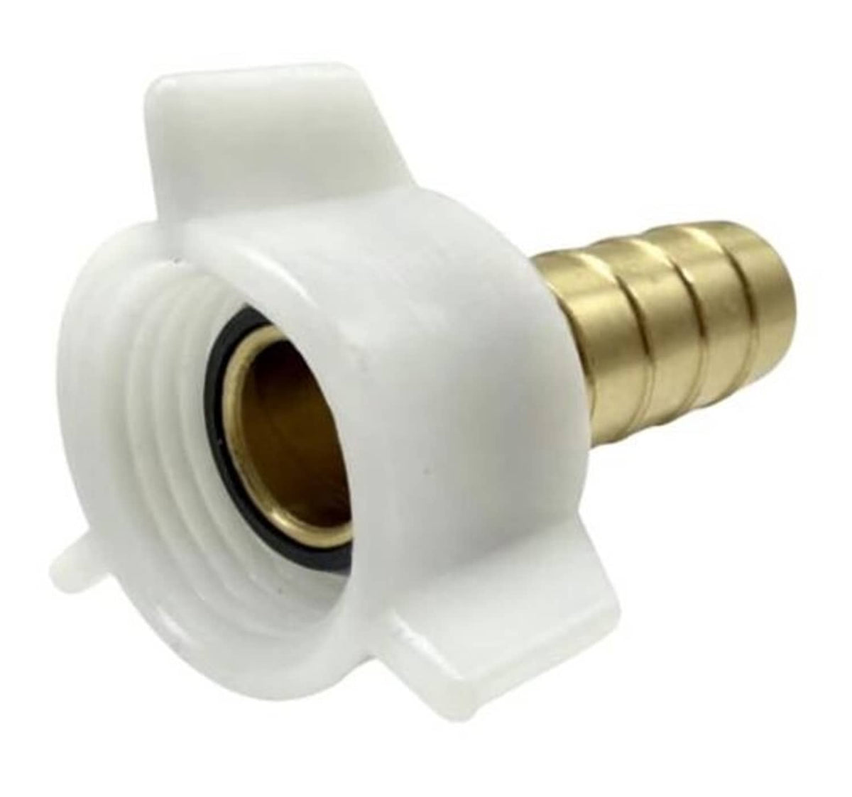 Brass barb swivel nut adaptor with O-ring, white plastic housing, close-up