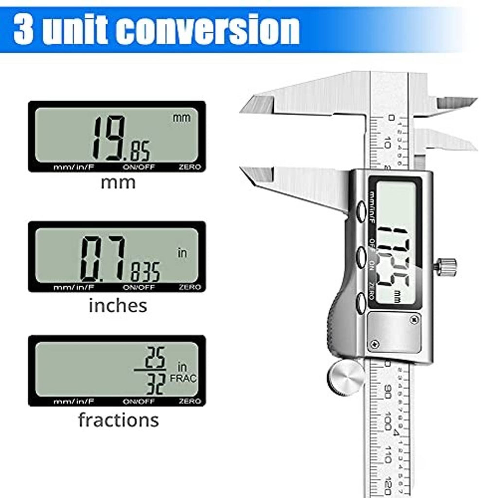 Digital caliper with LCD screen showing metric, inch, and fraction readings