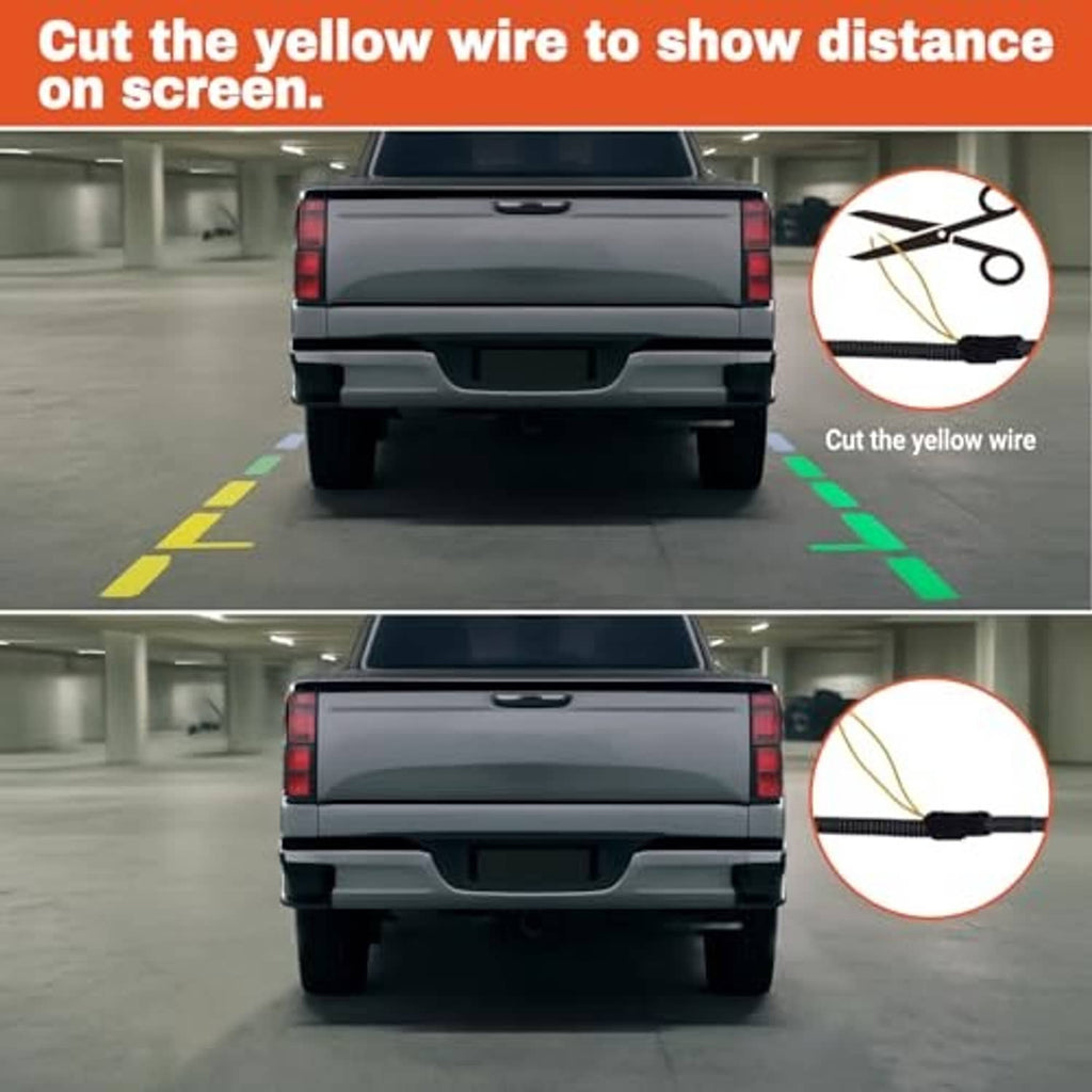 Pickup truck rear view using tailgate handle backup camera with guidance lines