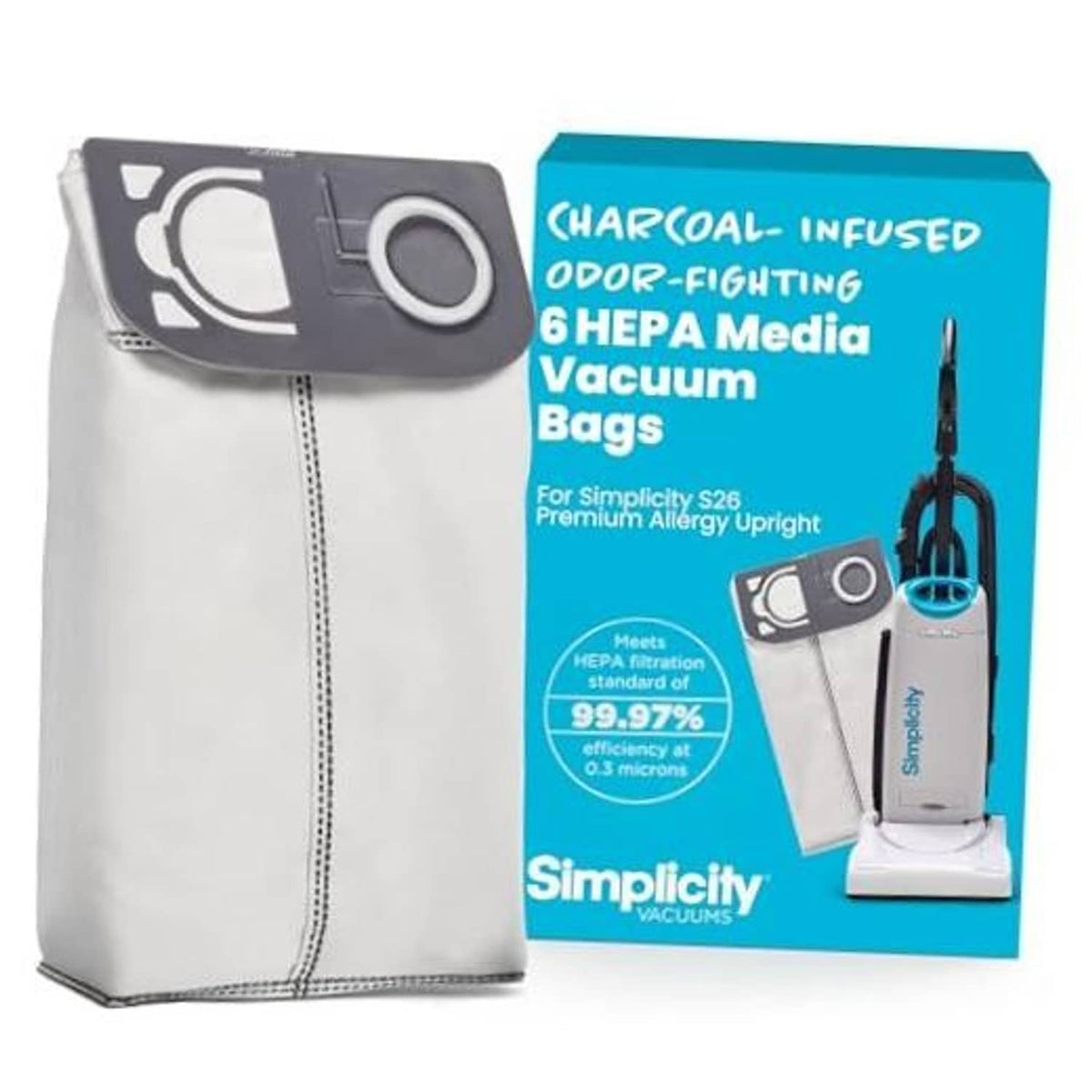 HEPA vacuum bags set with dark gray filter cover and white paper bag, shown with box