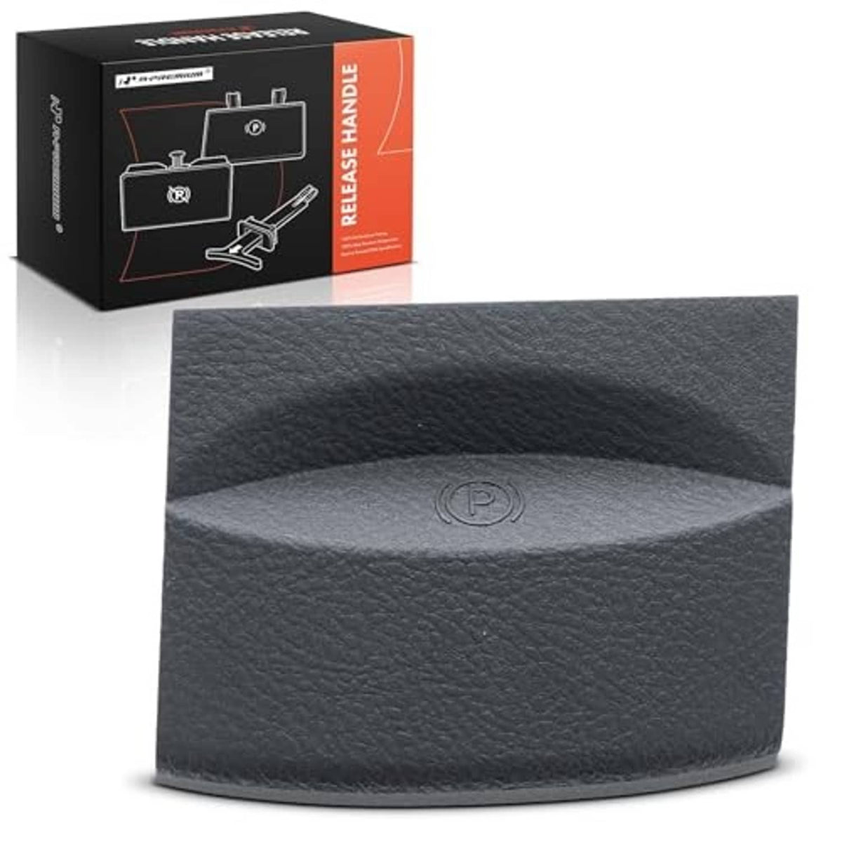 Gray textured parking brake release handle cover with molded P symbol, rounded housing
