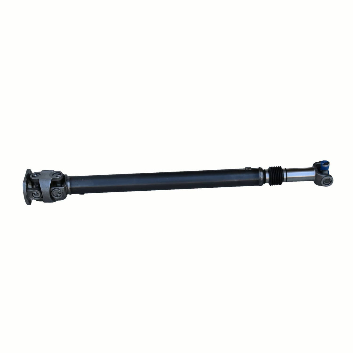 Front drive shaft assembly angled view with central boots and U-joints