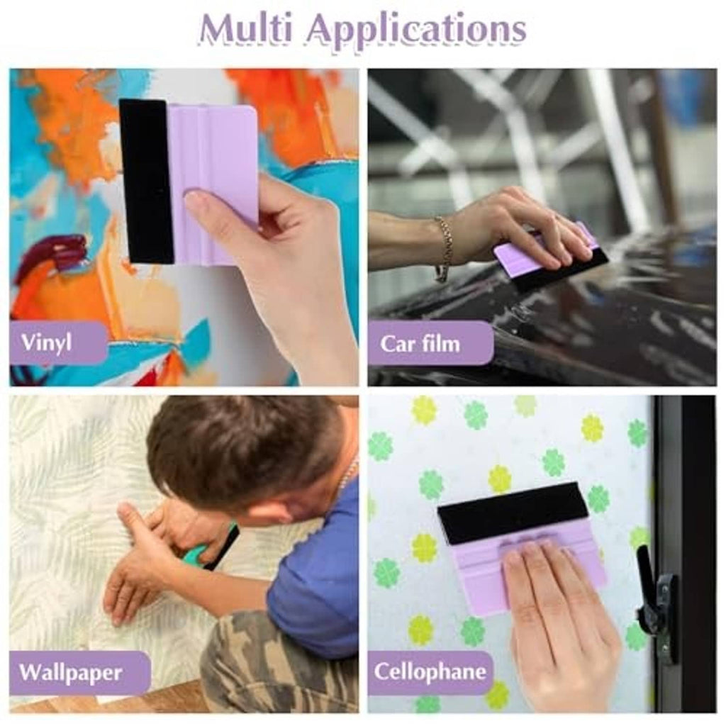 Vinyl felt squeegee tool in hand for applying vinyl film, purple and teal pair
